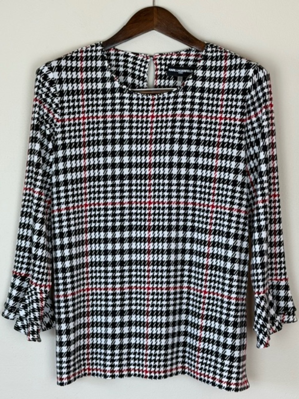 Karl Lagerfeld Paris Houndstooth Print Knit Top 3/4 Bell Ruffle Sleeve Medium